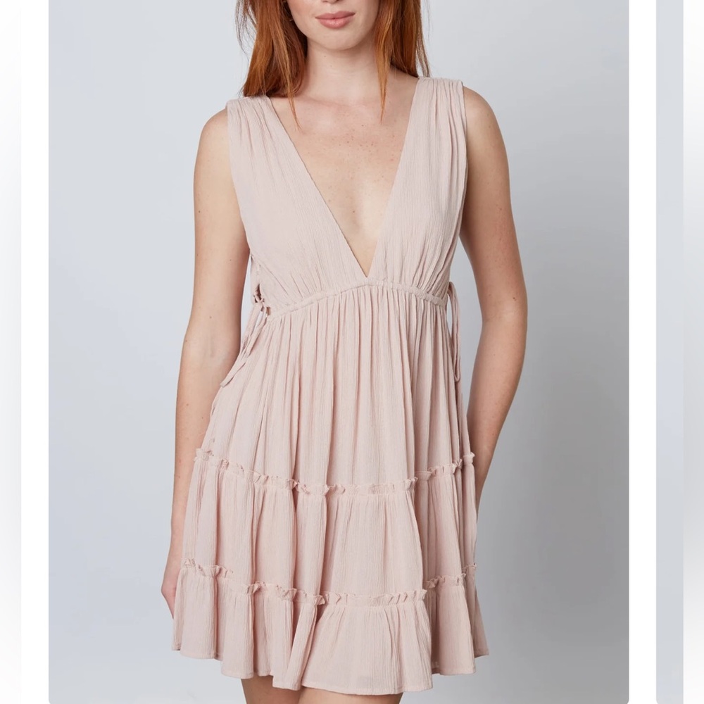 Cotton Candy LA S Mini Swing Dress Blush Bisque Pink Ruffle Tier Lace Up Side